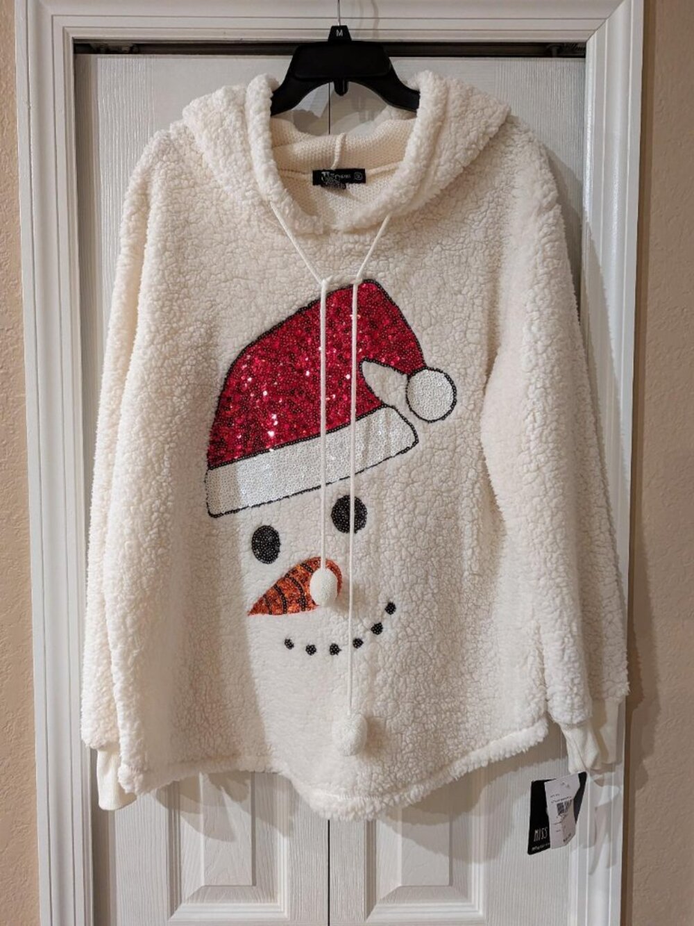Miss Chievous Cream Sherpa Snowman Sequin Hoodie Cozy Pullover Size 1X